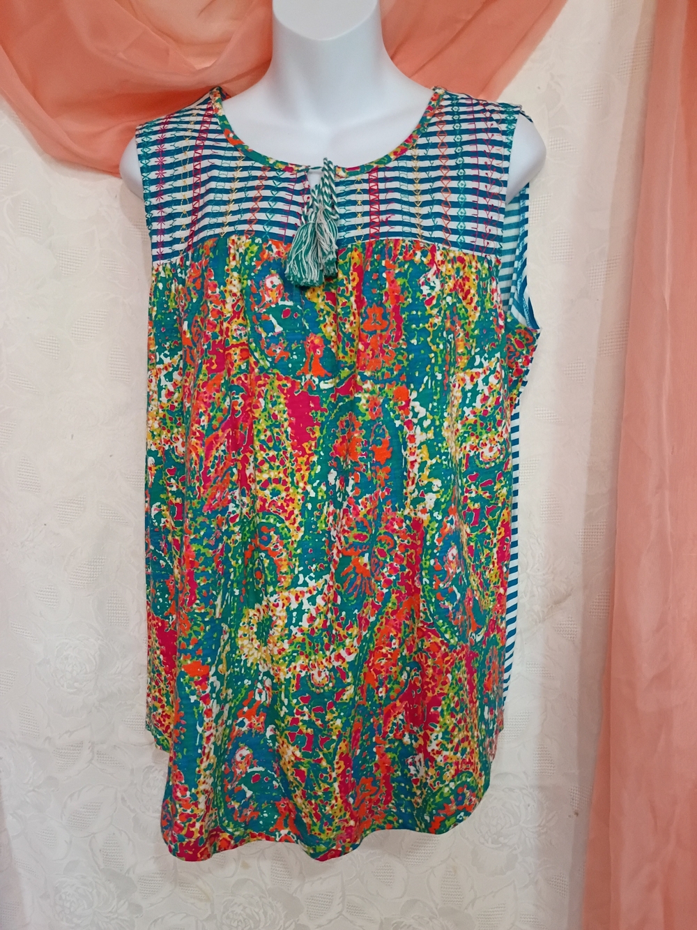 Westbound Ladies Teal Multi-Print Sleeveless Tassel Tank Sz PL